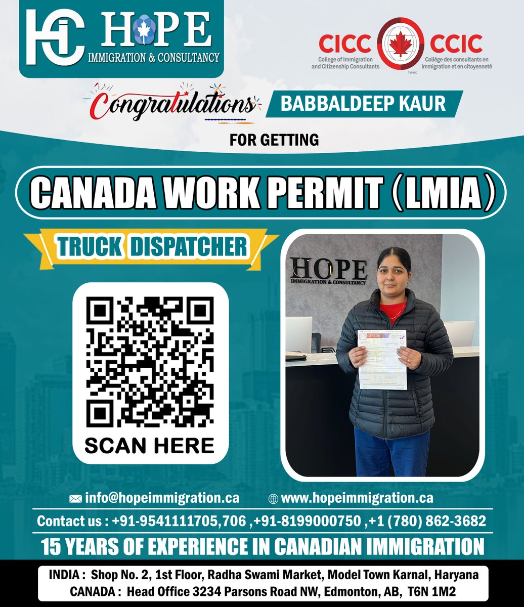 HopeImmigr1771's tweet image. Congratulations Babbaldeep Kaur for the Canada Work Permit (LMIA) as a Truck Dispatcher. We wish her good luck in her future endeavors.

#spousalopenworkpermit #AdministrativeAssistant #canadianjobs #workpermitcanada #CanadaVisa #canadaworkpermit #LMIA #hopeimmigration