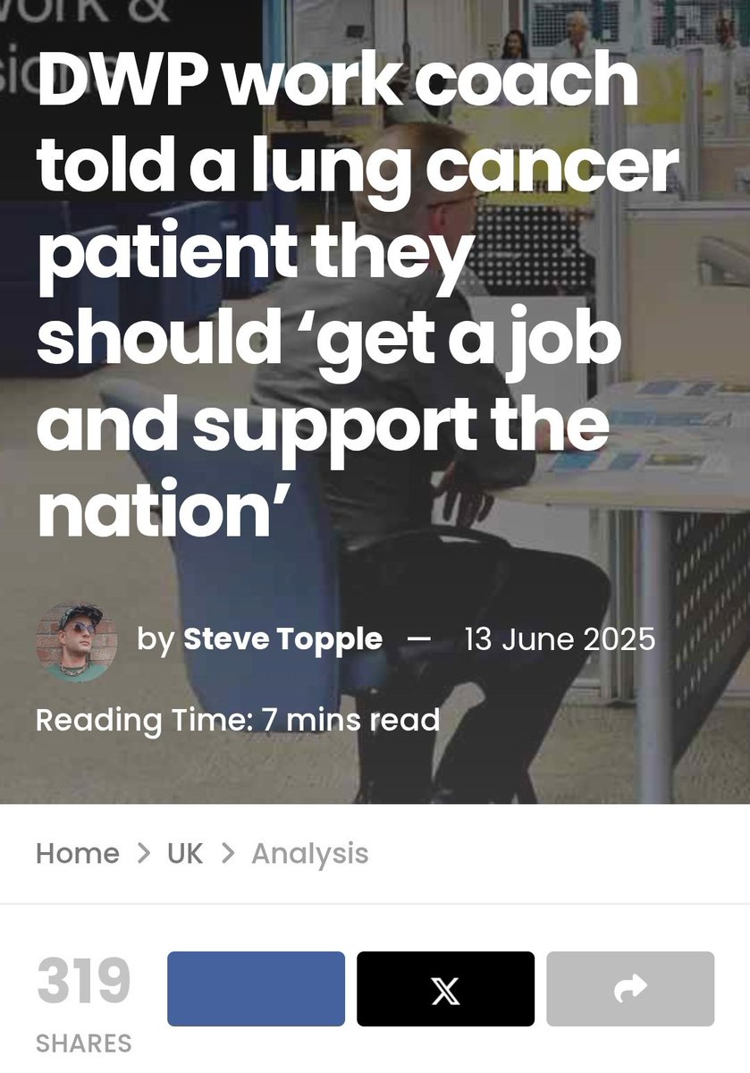 Dr_Rebecca (@dr_bekka_uk) on Twitter photo DWP work coach told lung cancer patient they should 'get a job and support the nation'. This is where we are with <a href="/UKLabour/">The Labour Party</a> <a href="/leicesterliz/">Liz Kendall</a> <a href="/stephenctimms/">Sir Stephen Timms</a> <a href="/Keir_Starmer/">Keir Starmer</a> The New Nasty Party. Tories 2.0. DWP work coach told lung cancer patient they should 'get a job and support the nation'. This is where we are with <a href="/UKLabour/">The Labour Party</a> <a href="/leicesterliz/">Liz Kendall</a> <a href="/stephenctimms/">Sir Stephen Timms</a> <a href="/Keir_Starmer/">Keir Starmer</a> The New Nasty Party. Tories 2.0.