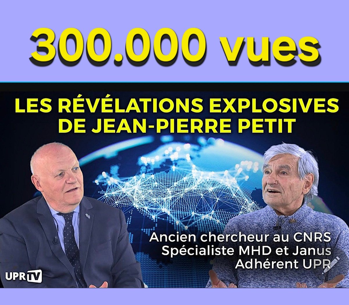 📺 Déjà 𝟯𝟬𝟬.𝟬𝟬𝟬 𝘃𝘂𝗲𝘀
pour ma vidéo avec Jean-Pierre Petit, ancien du CNRS,spécialiste en magnétohydrodynamique et astrophysique, membre et conseiller scientifique de l'UPR.
Il livre ici des révélations saisissantes sur l’avenir de la science.
.
youtu.be/eA3k1g2bGfY?si…
.