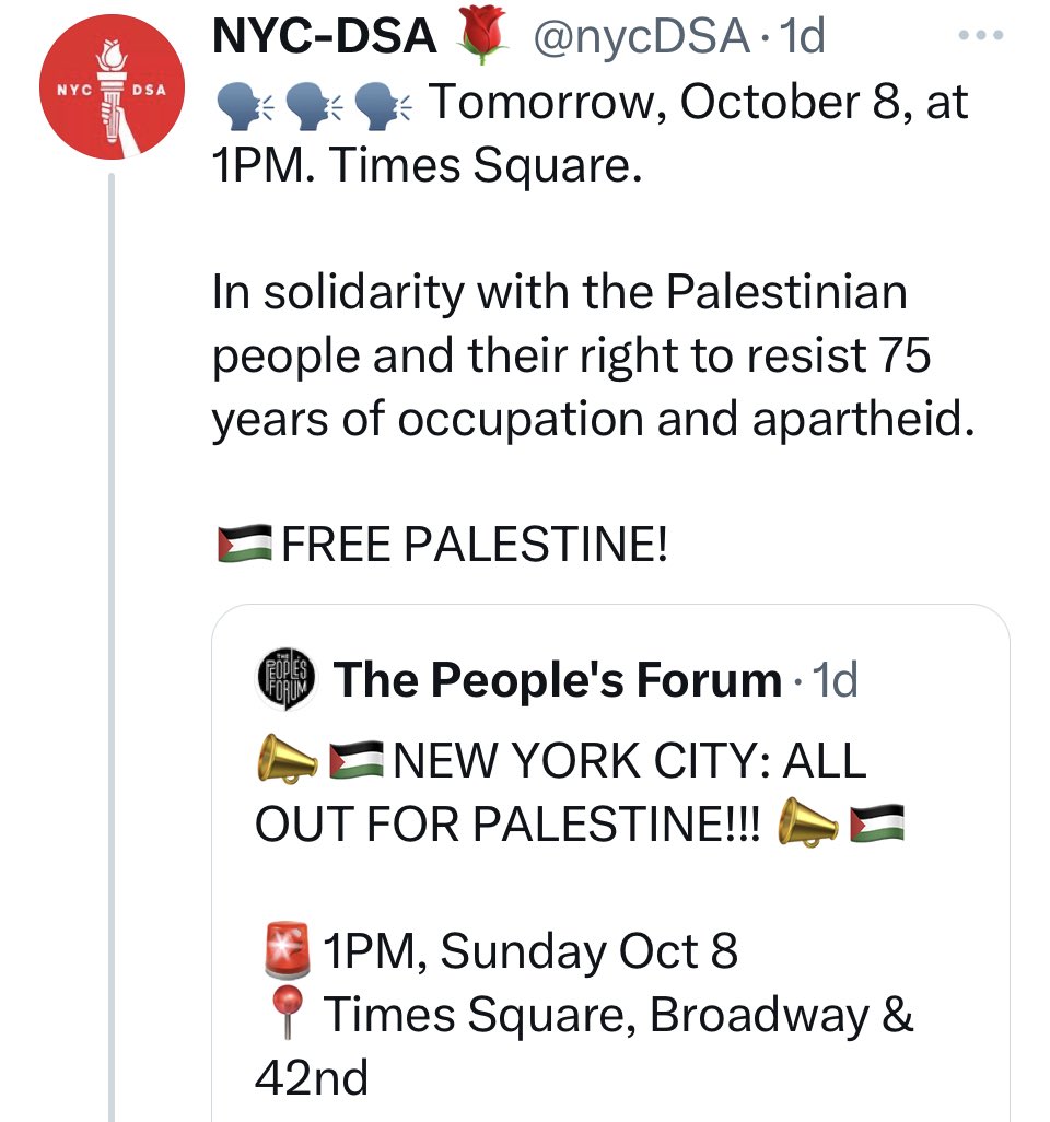 queens_parents's tweet image. Zohran Mamdani boasted that he’s a proud member of the DSA in the mayoral debate - the same DSA that trolled NYC Jews the day after Oct. 7 by partnering with radical communist org The People’s Forum. 
#DontRankMamdani