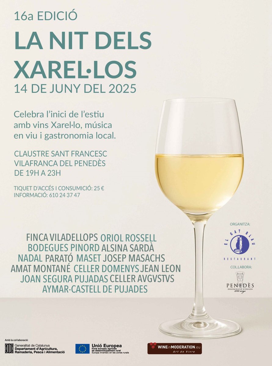 Aquest ds al Claustre de Sant Francesc el restaurant El Gat Blau i la <a href="/dopenedes/">DO Penedès</a> celebren la 1⃣6⃣a Nit dels Xarel.los amb 14 cellers, platets, ostres, dolços i música
▶️rtvvilafranca.cat/programa/pened…