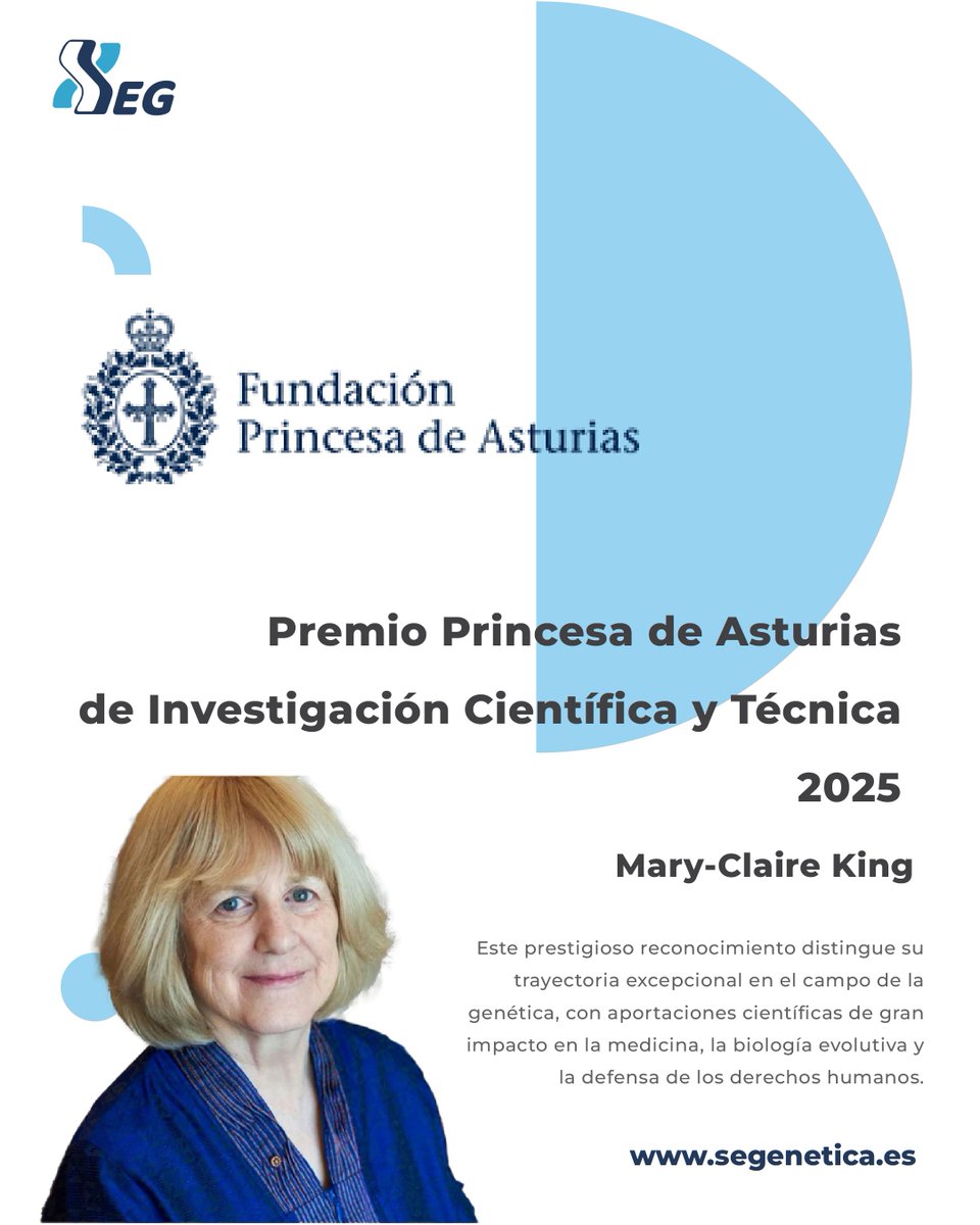@SEGenetica (@segenetica) on Twitter photo 🔹 La genetista Mary-Claire King ha sido galardonada con el Premio Princesa de Asturias de Investigación Científica y Técnica 2025, <a href="/premiospa/">Premios Princesa</a>. Celebramos desde SEG este reconocimiento a una figura clave en la historia de la genética humana.
#PremiosPrincesaDeAsturias 🔹 La genetista Mary-Claire King ha sido galardonada con el Premio Princesa de Asturias de Investigación Científica y Técnica 2025, <a href="/premiospa/">Premios Princesa</a>. Celebramos desde SEG este reconocimiento a una figura clave en la historia de la genética humana.
#PremiosPrincesaDeAsturias