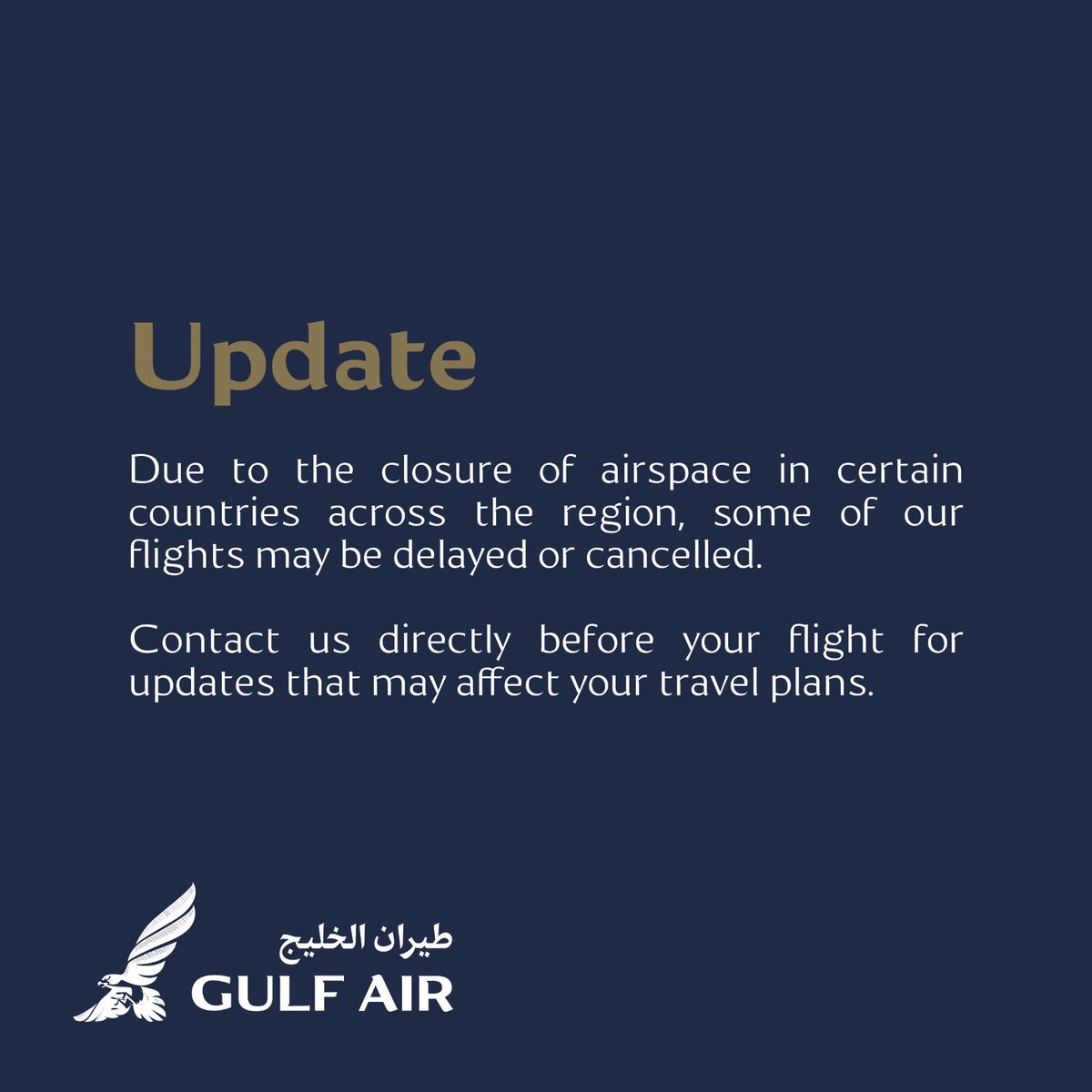 Due to the closure of airspace in certain countries across the region, some of our flights may be delayed or cancelled.
Contact us directly before your flight for updates that may affect your travel plans.