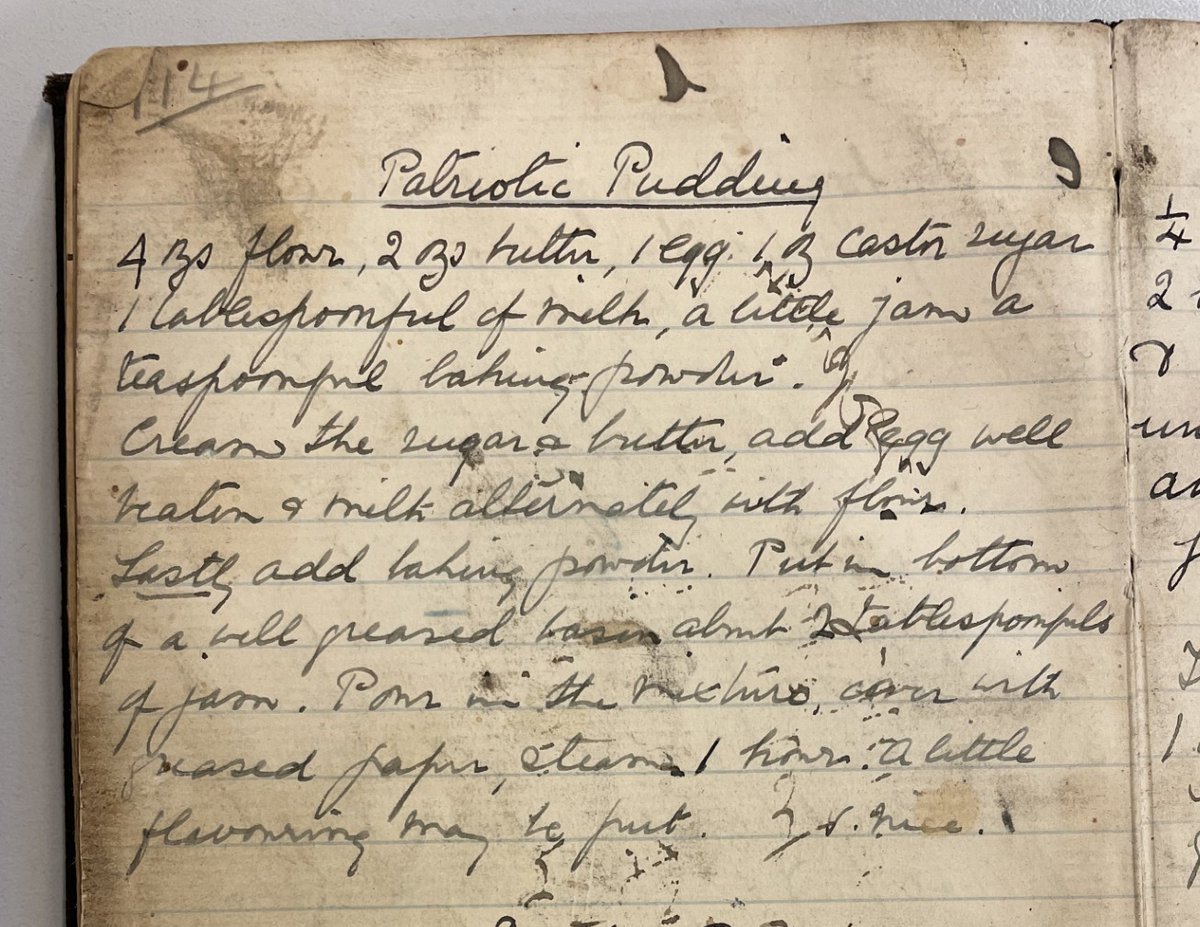 Here's a recipe ready for your #ArmedForcesDay celebrations on Saturday, Patriotic pudding! This recipe is taken from a book belonging to Miss Mary Keeling of Chilvers Coton, and dates between 1914-1919.

📸WCRO, CR2775/2

#ArchiveRecipes #ExploreYourArchive