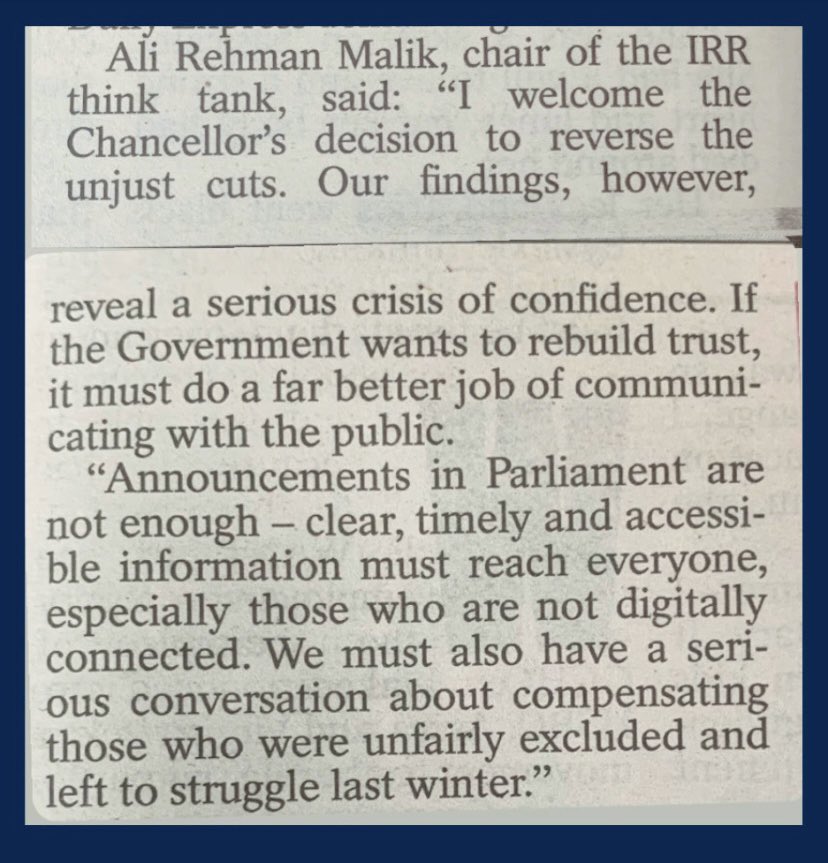 Institute of Research & Reforms, International (@irr_intl) on Twitter photo 🆕 <a href="/AliRehmanMalik3/">Ali Rehman Malik</a>, our chairman, is quoted in the Daily Express 📰 following <a href="/IRR_Intl/">Institute of Research & Reforms, International</a>’s latest poll, which reveals declining public confidence in the Government’s approach to winter fuel payments.
🔗 express.co.uk/news/politics/… 🆕 <a href="/AliRehmanMalik3/">Ali Rehman Malik</a>, our chairman, is quoted in the Daily Express 📰 following <a href="/IRR_Intl/">Institute of Research & Reforms, International</a>’s latest poll, which reveals declining public confidence in the Government’s approach to winter fuel payments.
🔗 express.co.uk/news/politics/…