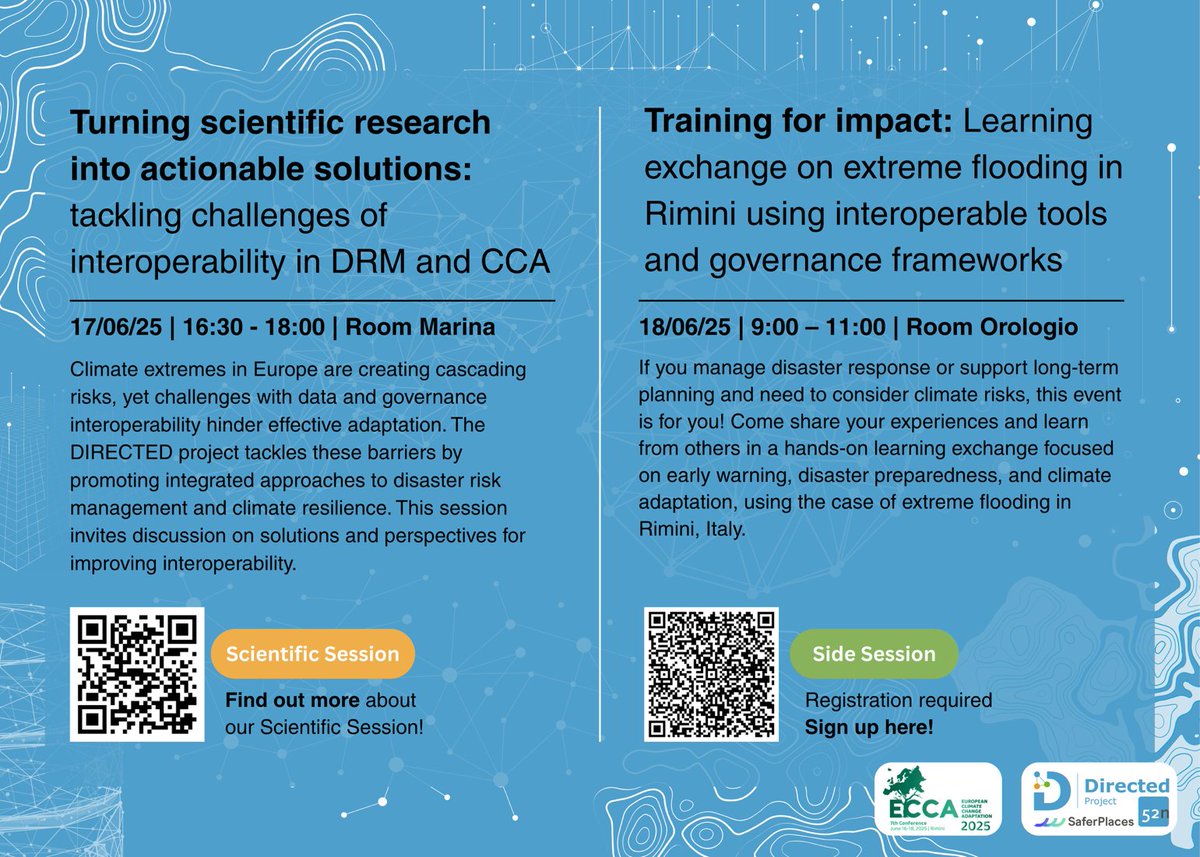 Directed Project (@directedproj) on Twitter photo If you are attending the ECCA Conference 2025, please feel welcome to come along to our sessions below. Please book through the QR Code.
More information can be found on our website: directedproject.eu
<a href="/weADAPT1/">weADAPT</a> <a href="/SaferPlacesCKIC/">saferplaces</a> <a href="/LydiaCumiskey/">Lydia Cumiskey</a> <a href="/ECCA_Conference/">European Climate Change Adaptation (ECCA)</a> If you are attending the ECCA Conference 2025, please feel welcome to come along to our sessions below. Please book through the QR Code.
More information can be found on our website: directedproject.eu
<a href="/weADAPT1/">weADAPT</a> <a href="/SaferPlacesCKIC/">saferplaces</a> <a href="/LydiaCumiskey/">Lydia Cumiskey</a> <a href="/ECCA_Conference/">European Climate Change Adaptation (ECCA)</a>