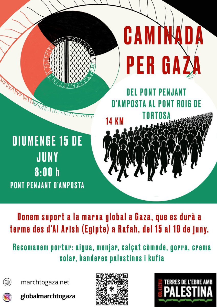 🇵🇸✊Vine a la *Caminada per Gaza*
 📆 *Diumenge 15* juny
📍 Inici 🕟 *8h Pont Penjant (Amposta)* 
Arribada al Pont Roig (Tortosa)
🚰🍉Porta *aigua, menjar, crema solar i calçat adequat* pels *14 km*