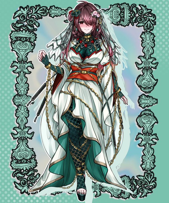 TRPGの立ち絵で以前描かせて頂いた子をまた描かせて頂きました❣️🥰オトタチバナさんの衣装に、ウェディング➕束縛のテーマで誂えさせて頂きました❣️今回もとても楽しく、色々な表情を描かせて頂きました…❣️commission thank you❣️ #skeb 