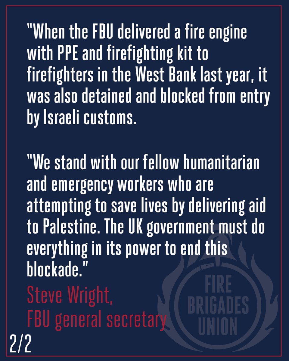 The FBU stands in solidarity with the Freedom Flotilla Coalition volunteers.

Israel's blockade of life-saving aid is illegal. The fire engine stocked with PPE and firefighting kit, which FBU members delivered to the West Bank last year, was also detained by Israeli customs.

The