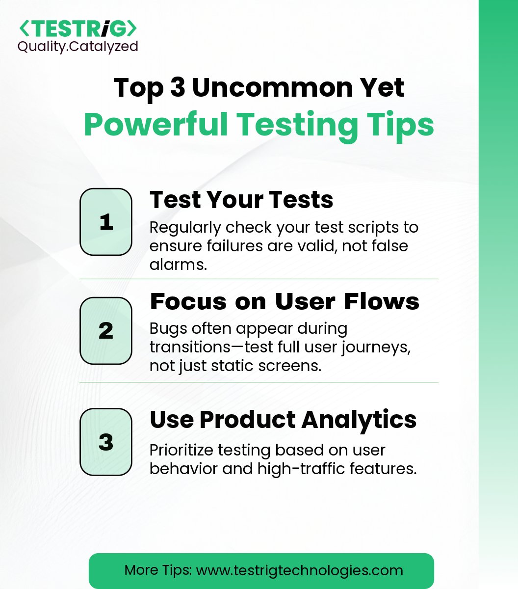 testrig_qa's tweet image. Beyond the standard checks, there are uncommon yet powerful #TestingStrategies that can uncover hidden issues and ensure exceptional product reliability.
These are the advanced insights our #TestrigTesters consistently implement to deliver robust solutions
testrigtechnologies.com