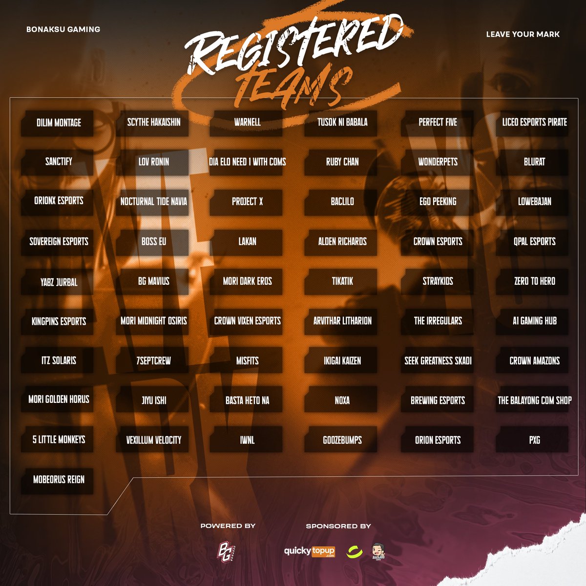bonaksugaming's tweet image. Bonaksu Gaming: ๐๐ฒ๐ฎ๐๐ฒ ๐ฌ๐ผ๐๐ฟ ๐ ๐ฎ๐ฟ๐ธ ๐ฉ๐ฎ๐น๐ผ๐ฟ๐ฎ๐ป๐ ๐ง๐ผ๐๐ฟ๐ป๐ฎ๐บ๐ฒ๐ป๐ has secured an overwhelming 55 participating teams, all hungry for victory and ready to clash in one of the fiercest competitions weโve hosted yet.