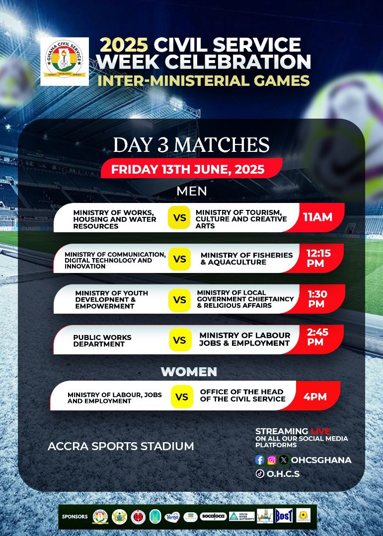 mlgcragh's tweet image. Game on
Our Ministry of Local Government, Chieftaincy &amp;amp; Religious Affairs is facing off against the Ministry of Youth Development &amp;amp; Empowerment today at 1:30 PM at the Accra Sports Stadium. Let’s bring the energy and support our team #CivilServiceWeek #TeamMLGCRA