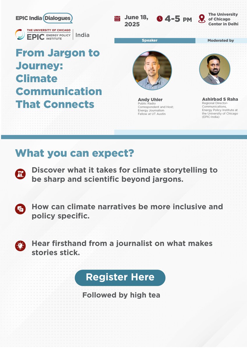 UChicago EPIC India (@epic_india) on Twitter photo What is climate communication, and what makes a climate story stick?
Join us on June 18 at the <a href="/UChiDelhi/">UChicago Delhi</a> for a conversation with journalist <a href="/andy_uhler/">Andy Uhler</a> and <a href="/AshirbadRaha/">Ashirbad S Raha</a>, at the upcoming #EPICIndiaDialogue.
RSVP now: lnkd.in/gb4mM2Nv What is climate communication, and what makes a climate story stick?
Join us on June 18 at the <a href="/UChiDelhi/">UChicago Delhi</a> for a conversation with journalist <a href="/andy_uhler/">Andy Uhler</a> and <a href="/AshirbadRaha/">Ashirbad S Raha</a>, at the upcoming #EPICIndiaDialogue.
RSVP now: lnkd.in/gb4mM2Nv