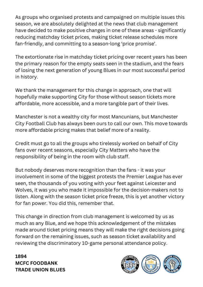 MCFC Fans Foodbank Support (@mcfcfoodbank) on Twitter photo MATCHDAY TICKETING STATEMENT - <a href="/WeAre1894/">1894</a>, <a href="/MCFCfoodbank/">MCFC Fans Foodbank Support</a> & <a href="/tradeunionblues/">Trade Union Blues</a>
1️⃣ A welcome change in direction from club management
2⃣ A move towards affordable pricing
3️⃣ Another victory for fan power - at City & nationally
4️⃣ Hopefully sets precedent for other ticketing issues MATCHDAY TICKETING STATEMENT - <a href="/WeAre1894/">1894</a>, <a href="/MCFCfoodbank/">MCFC Fans Foodbank Support</a> & <a href="/tradeunionblues/">Trade Union Blues</a>
1️⃣ A welcome change in direction from club management
2⃣ A move towards affordable pricing
3️⃣ Another victory for fan power - at City & nationally
4️⃣ Hopefully sets precedent for other ticketing issues