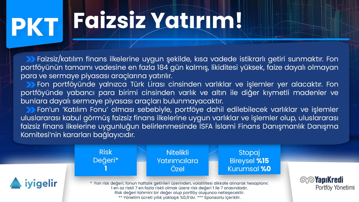 iyigelirnet's tweet image. Katılım Esaslı Yatırım!
#PKT Yapı Kredi Portföy Para Piyasası Katılım Serbest (TL) Fonu 13 Haziran 2025’te halka arz edilecek. #PKT Faize duyarlı yatırımcıların kısa vadeli nakit değerlendirme ihtiyaçlarına çözüm sunmak üzere tasarlanmış.

📈Kısa vadeli yatırım yapısı: Fon…