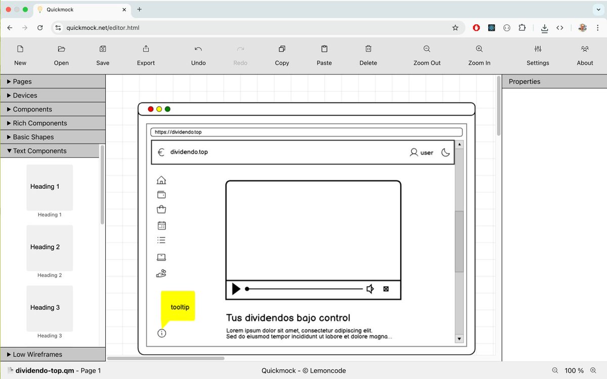 lciniesta's tweet image. En dividendo.top hemos utilizado quickmock.net para el diseño de nuestra UI.
Es una herramienta gratuita que te permite crear rápidamente y sin complicaciones la estructura básica de tu interfaz y te ayuda a visualizar de manera sencilla cómo va a quedar 😍