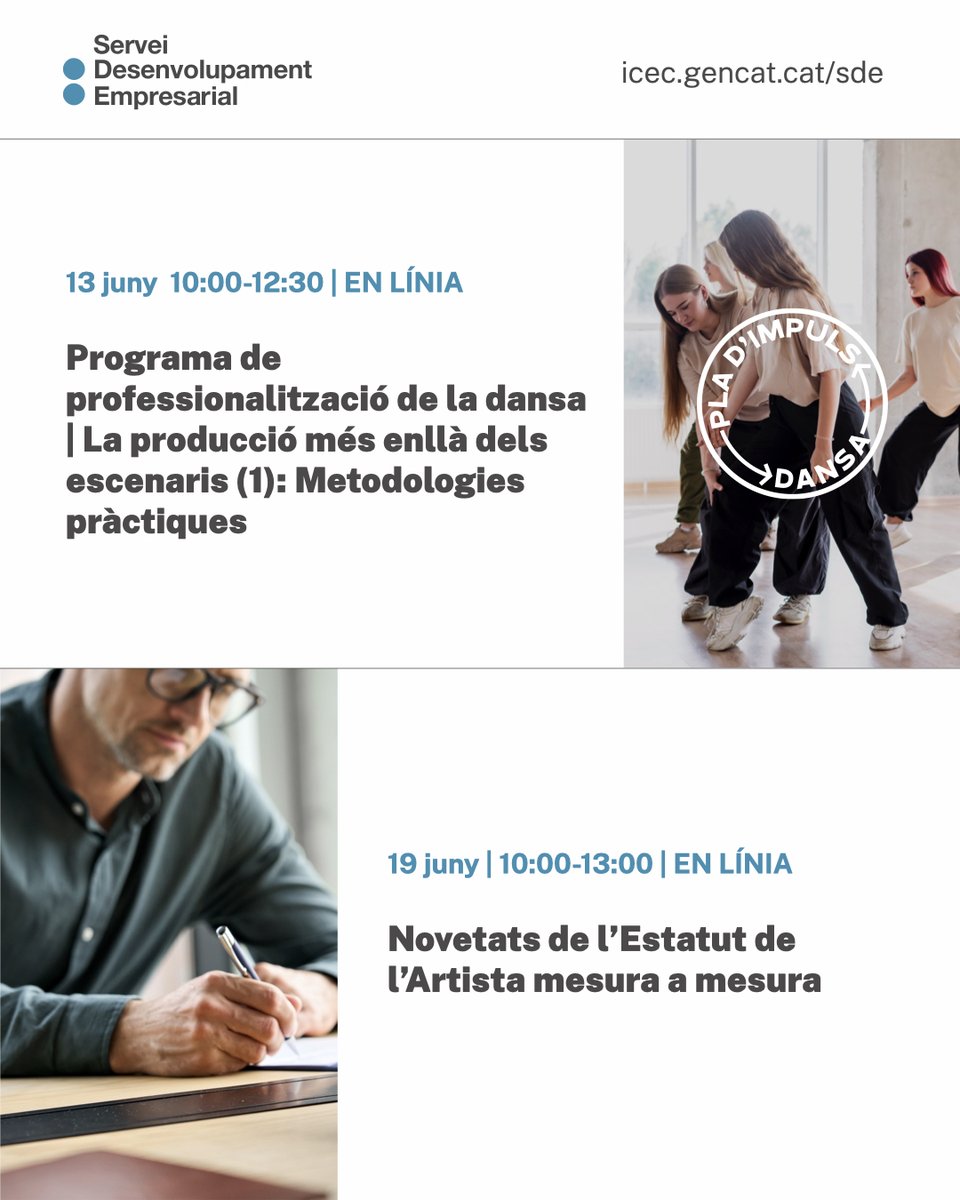 🔜 Anota’t les properes formacions per a professionals i empreses del sector cultural!

📖Mediació en l’àmbit del llibre i la lectura
🆕Novetats de l’Estatut de l’artista mesura a mesura
🕺La contractació laboral en el sector de la dansa

Inscripcions 📲 sde.cultura.gencat.cat/els-cursos