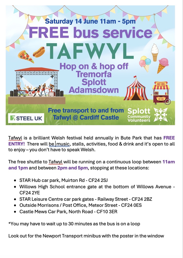 FREE BUS TO TOWN THIS SATURDAY!!! The bus will run on a loop between 11am &amp; 1pm and will start up again at 2pm and run until 5pm.  The stops are on the poster below.  Tafwyl is a brilliant cultural festival that can be enjoyed by everyone - you don't have to speak Welsh to enjoy