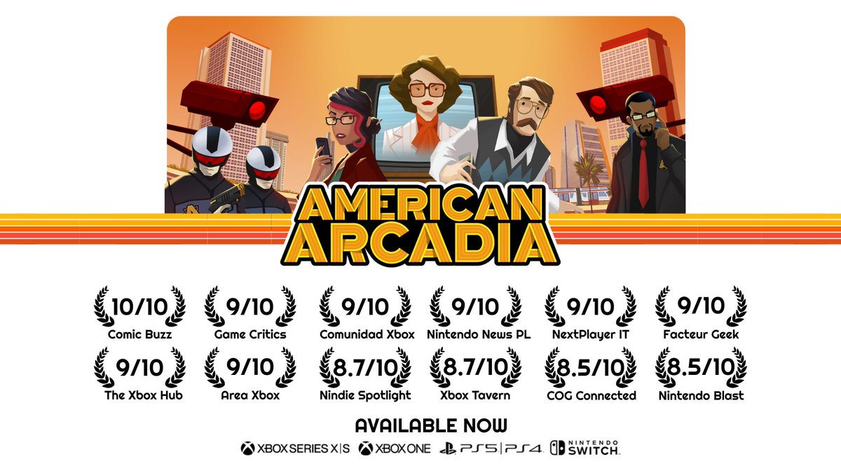 It's been a month since #AmericanArcadia📺 launched on consoles and we couldn't be happier with the scores it's received from the press! 💛

Are you going to miss out on it? Get it now on your preferred platform and experience the adventure for yourself! 🏃‍♂️🎮