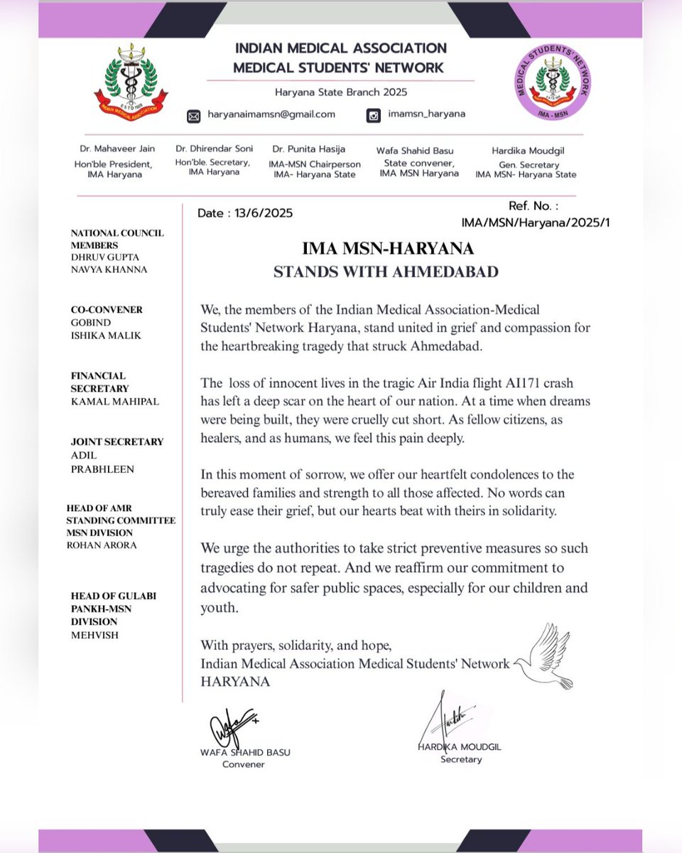 "On behalf of IMA MSN, we extend our deepest condolences to the families and loved ones of those affected by the tragic plane crash in Ahmedabad. May the departed souls rest in peace, and we pray for the speedy recovery of those injured."