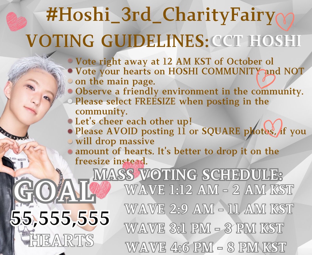 [ #HOSHI_3rd_CharityFairy 🐯]

📢 Voting Schedule Announcement 📢

Please pay attention to the massive voting schedule for #HOSHI birthday project.

Let's work together to achieve our goal. Fighting! 💪🏻🔥🔥🔥

<a href="/pledis_17/">세븐틴(SEVENTEEN)</a> <a href="/CCT_HOSHI/">🐯CCT HOSHI COMMUNITY🐯</a>
