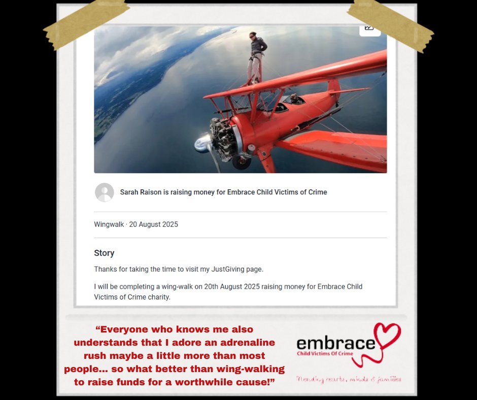 In August, Sarah will be soaring through the skies for the WingWalk Challenge! Sarah is committed to helping children and young people whose lives have been devastated by crime. We are incredibly grateful for Sarah’s courage and support of Embrace.

justgiving.com/page/sarah-rai…