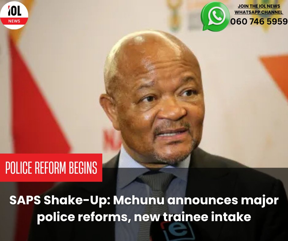 IOL's tweet photo. National Police boss Senzo Mchunu says SA’s crime levels remain unacceptably high. He’s rolling out major reforms to strengthen law enforcement. 💪🔍  
#CrimePrevention #SAPSReforms #MchunuOnCrime #SaferSA #LawEnforcement #SAPS
Read on https://t.co/6ycluBIskg https://t.co/8Mp06R7ZmW