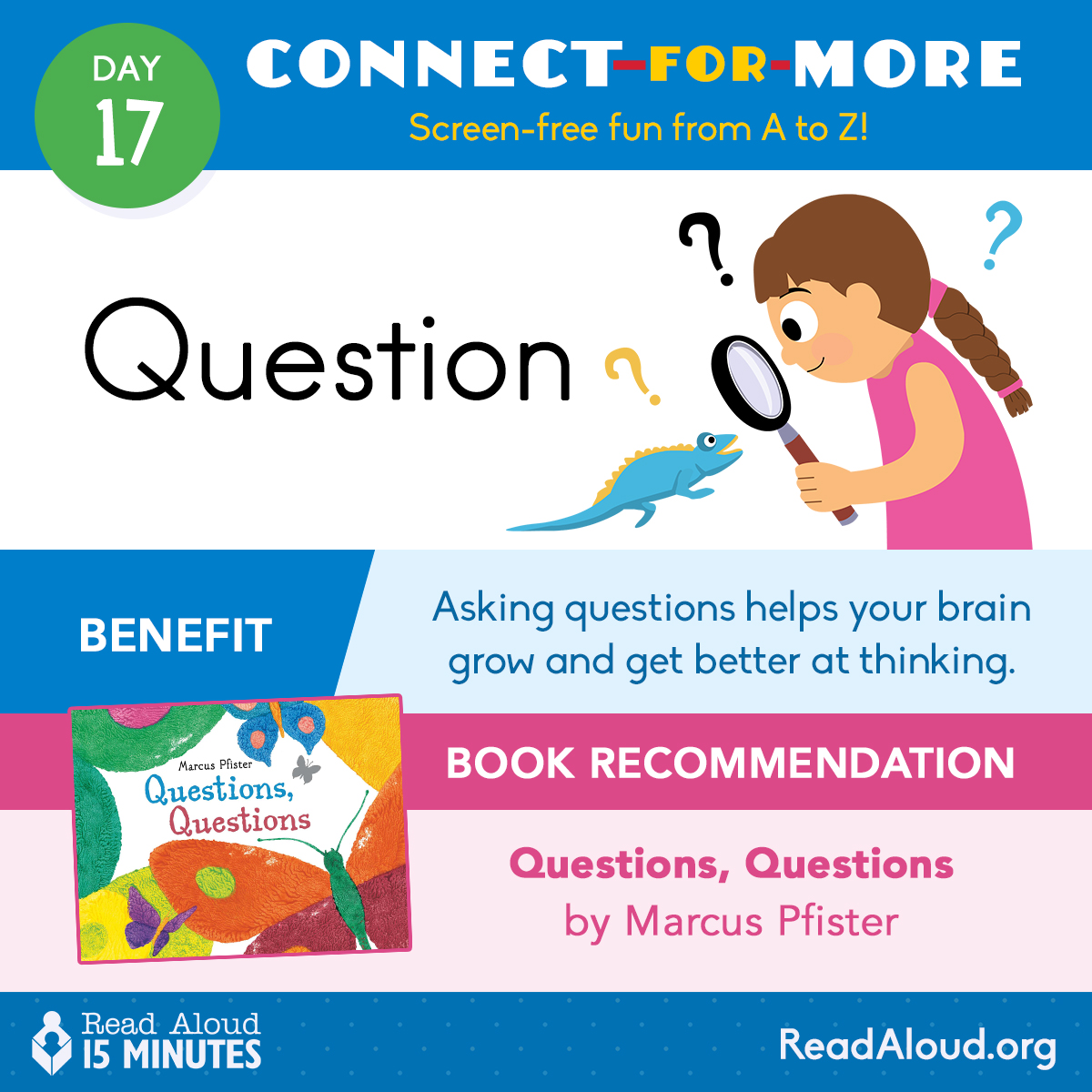 ReadAloud_org's tweet image. “QUESTION” everything this summer!
Curiosity is a powerful tool, and asking questions is one of the best ways to build your child’s thinking skills. Even simple ones like “Why is the sky blue?” can spark big brain growth—for both of you! #ReadAloud15