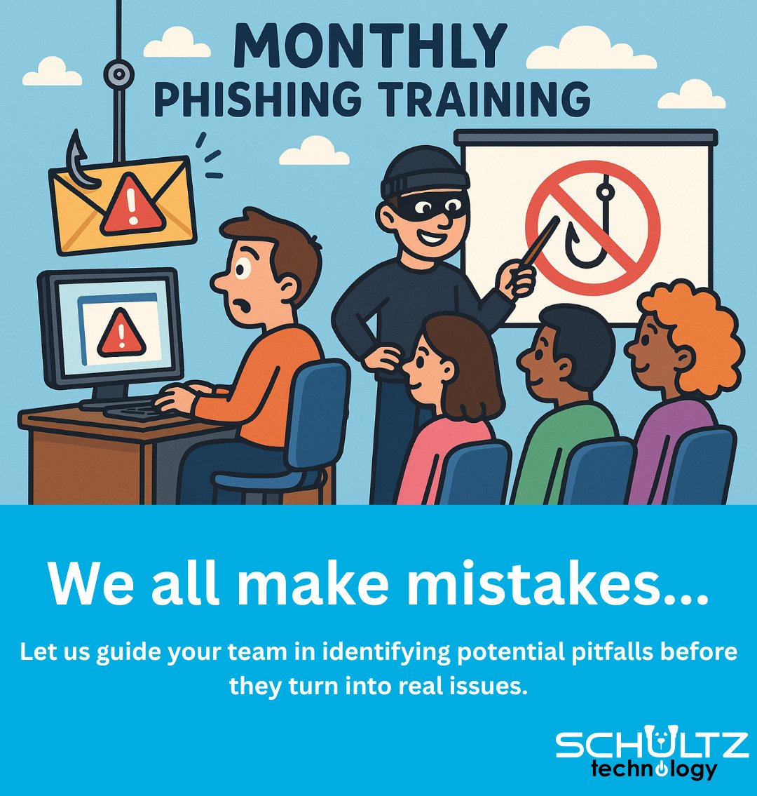 SchultzTech's tweet image. Click wisely. Phishing emails don&apos;t take a break—neither does our training.
Monthly sessions = stronger defenses. ✅We host monthly phishing training sessions to keep your team sharp and data safe. 💡📧 #SecurityMatters #CyberSmart