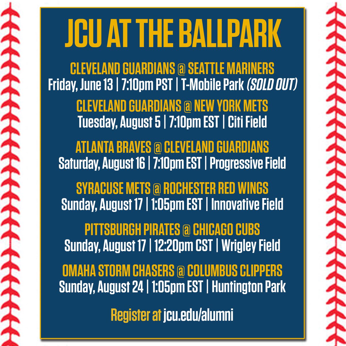 JCUAlumni's tweet image. JCU AT THE BALLPARK! ⚾️
Join us in one of six different ballparks this summer. Register by visiting JCU.edu/alumni & clicking the link to view our full alumni event calendar! 🏟️