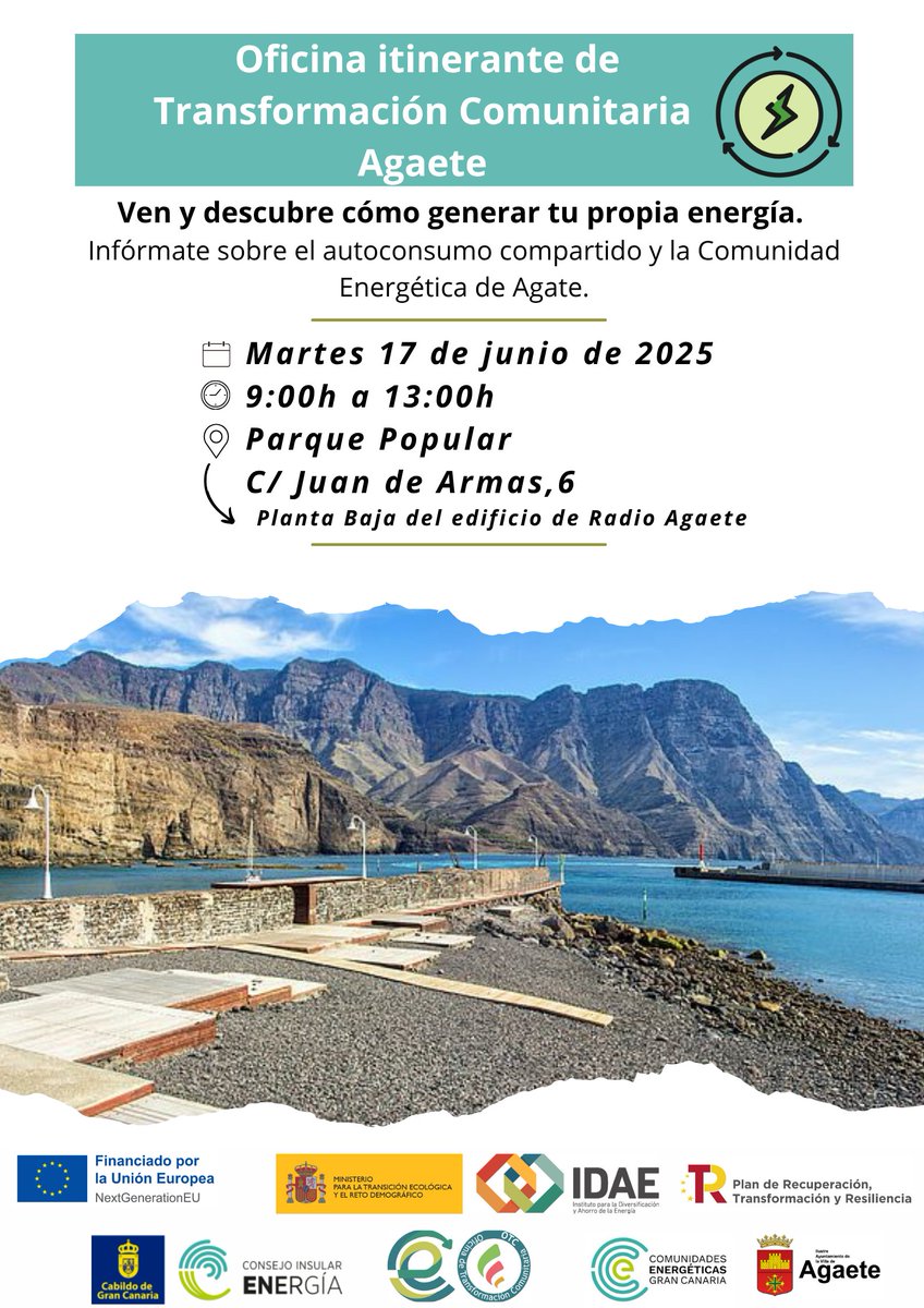Energía Gran Canaria (@energiagran) on Twitter photo La oficina itinerante de la #OTC celebra su tercera jornada en #Agaete el martes, 17 de junio. Ven y descubre cómo generar tu propia energía ☀️
🕢 09.00 - 13.00h
📍Parque Popular - C/ Juan de Armas, 6 (planta baja del edificio Radio Agaete)
#comunidadesenergéticas <a href="/AytoAgaete/">Ayuntamiento Agaete</a> La oficina itinerante de la #OTC celebra su tercera jornada en #Agaete el martes, 17 de junio. Ven y descubre cómo generar tu propia energía ☀️
🕢 09.00 - 13.00h
📍Parque Popular - C/ Juan de Armas, 6 (planta baja del edificio Radio Agaete)
#comunidadesenergéticas <a href="/AytoAgaete/">Ayuntamiento Agaete</a>