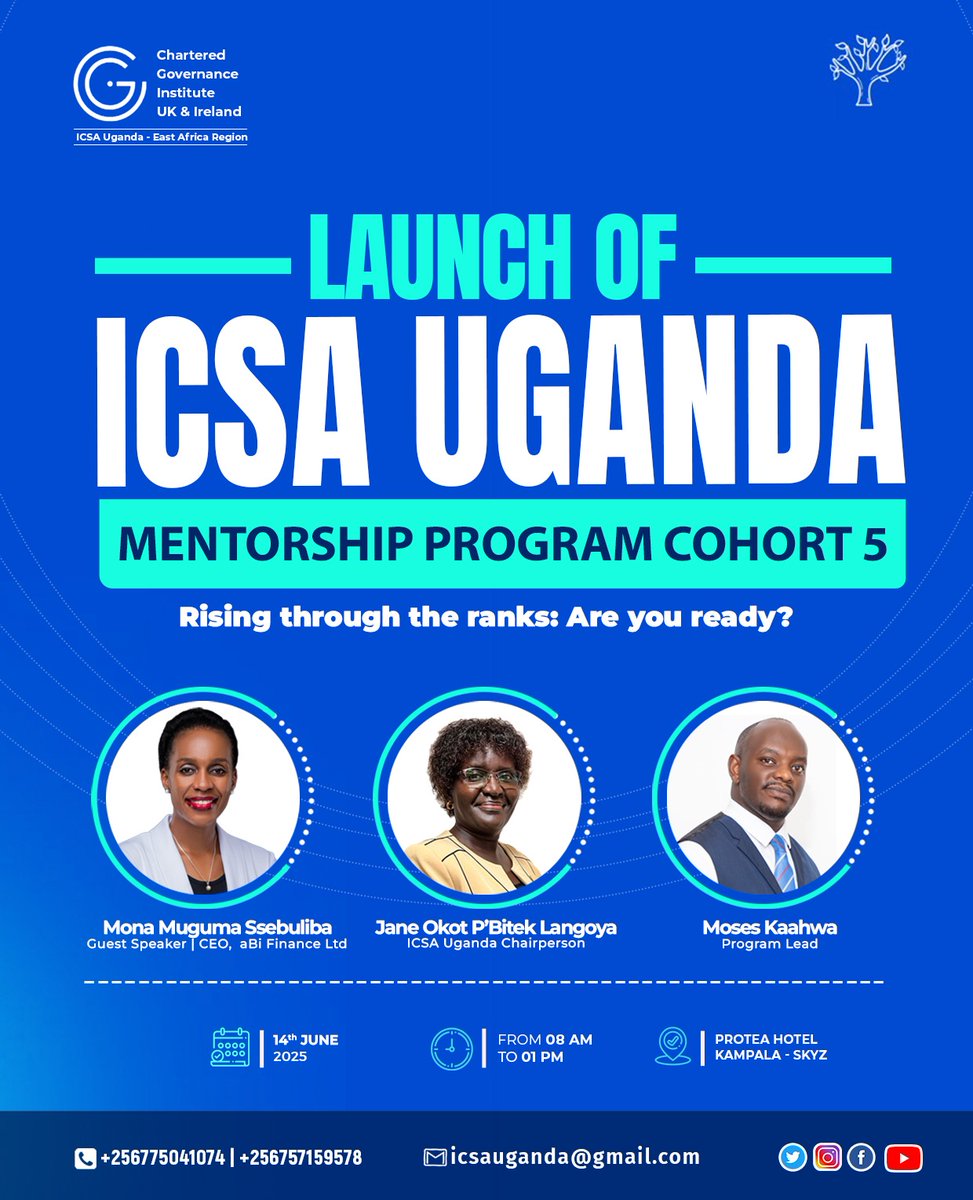 We are excited to launch Cohort 5 of the #ICSAUganda Mentorship Program tomorrow. 

Over the next 10 weeks, 33 emerging governance and corporate professionals will embark on a transformative journey of learning, leadership, and professional growth.

#CGIUganda