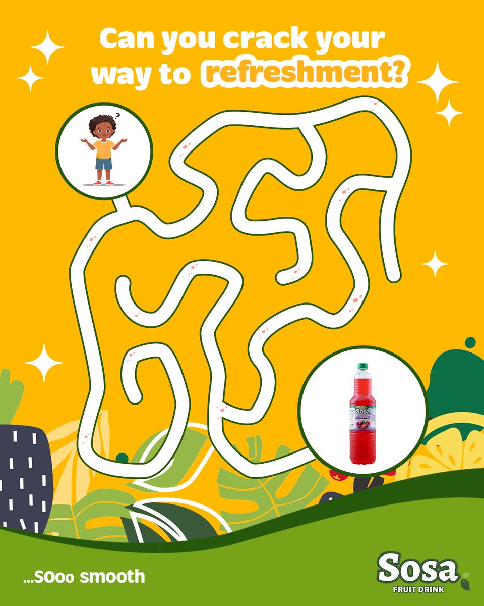 Sosafruitdrink's tweet photo. Can you crack the maze and find your way to a bottle of pure refreshment? 🍓🍍
Tag a friend and see who gets there first!
#SOooSmooth #SosaFruitDrink #CatchASmoothBreak https://t.co/Lr698OOHn9
