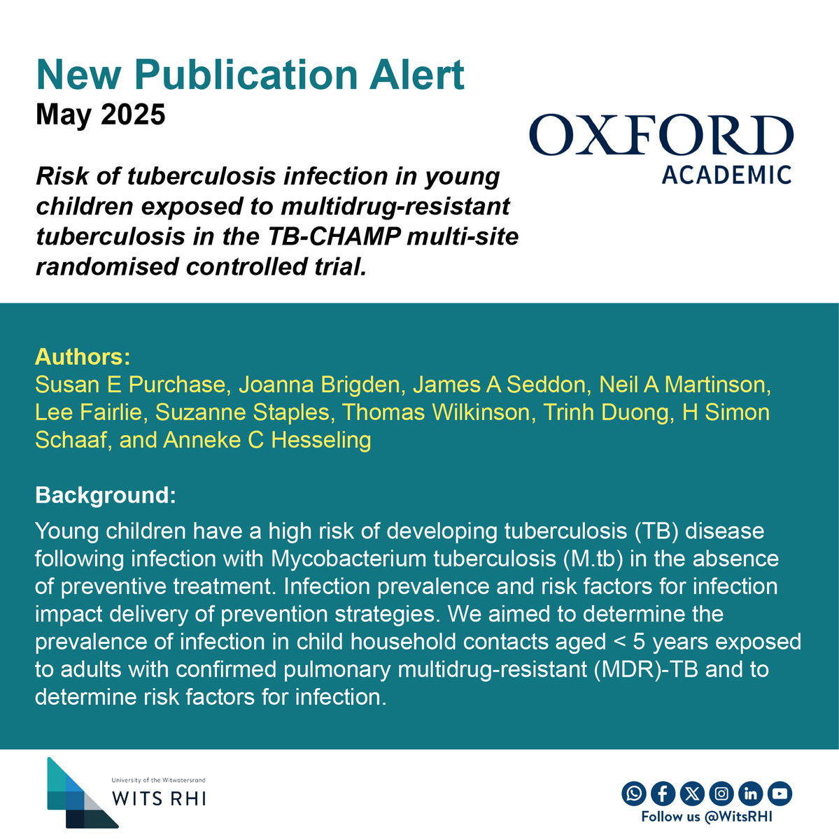📢 New from #TBCHAMP: 1 in 5 kids exposed to #MDRTB tested positive. Risk was higher if the adult had chronic cough, drug misuse, or was a caregiver.
Study includes <a href="/WitsRHI/">Wits RHI</a> Prof Lee Fairlie.
doi.org/10.1093/cid/ci…
#WitsRHI #TBPrevention #StartYoungStopTB