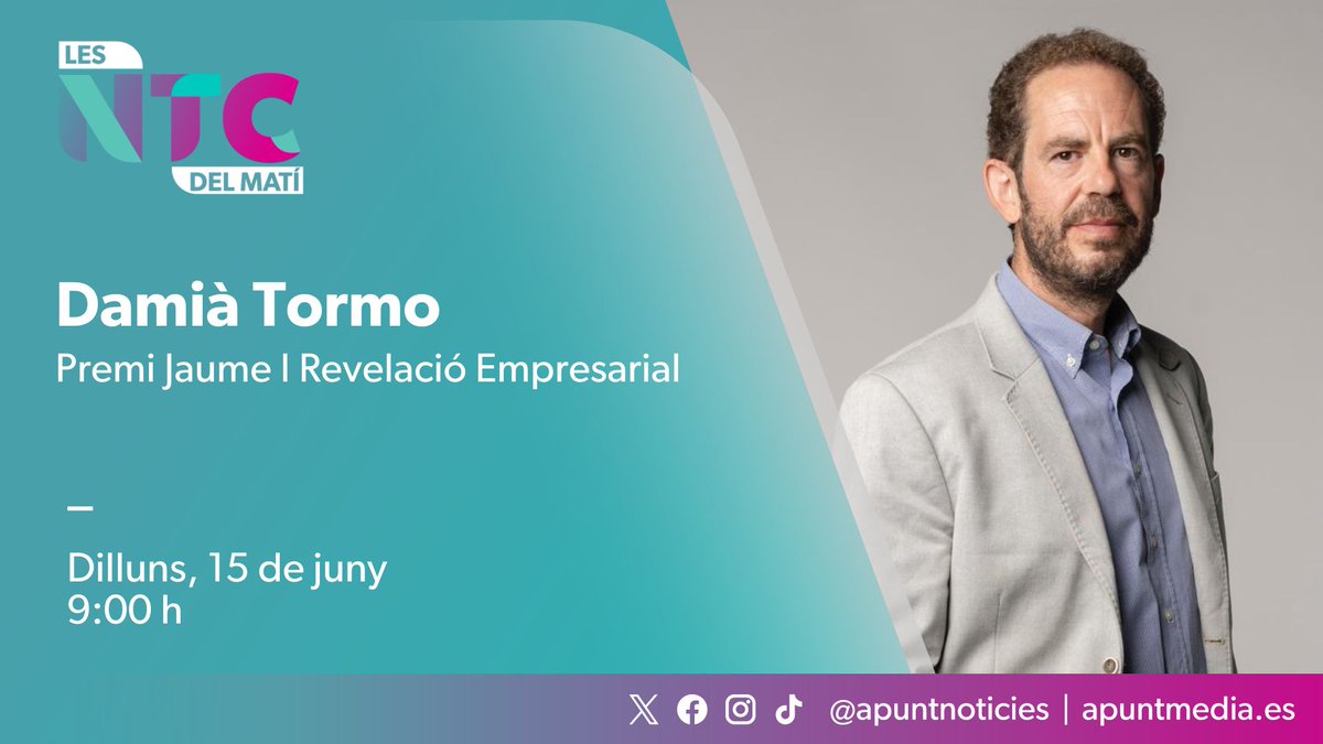📡Demà dilluns entrevistarem el🏅Premi Jaume I 2025 a la Revelació Empresarial, el valencià Damià Tormo Carulla. [<a href="/PremiosReiJaume/">Premios Rei Jaume I</a> <a href="/datorca/">DamiaTormo</a>]

🗣️Amb Álvaro Errazu, <a href="/Hectorfdez/">Héctor Fernandez</a> i <a href="/silvia_zarza/">Silvia Zarza</a> en en la tertúlia.

📻web.apunt.es/RàdioEnDirecte
📺web.apunt.es/DirecteTV