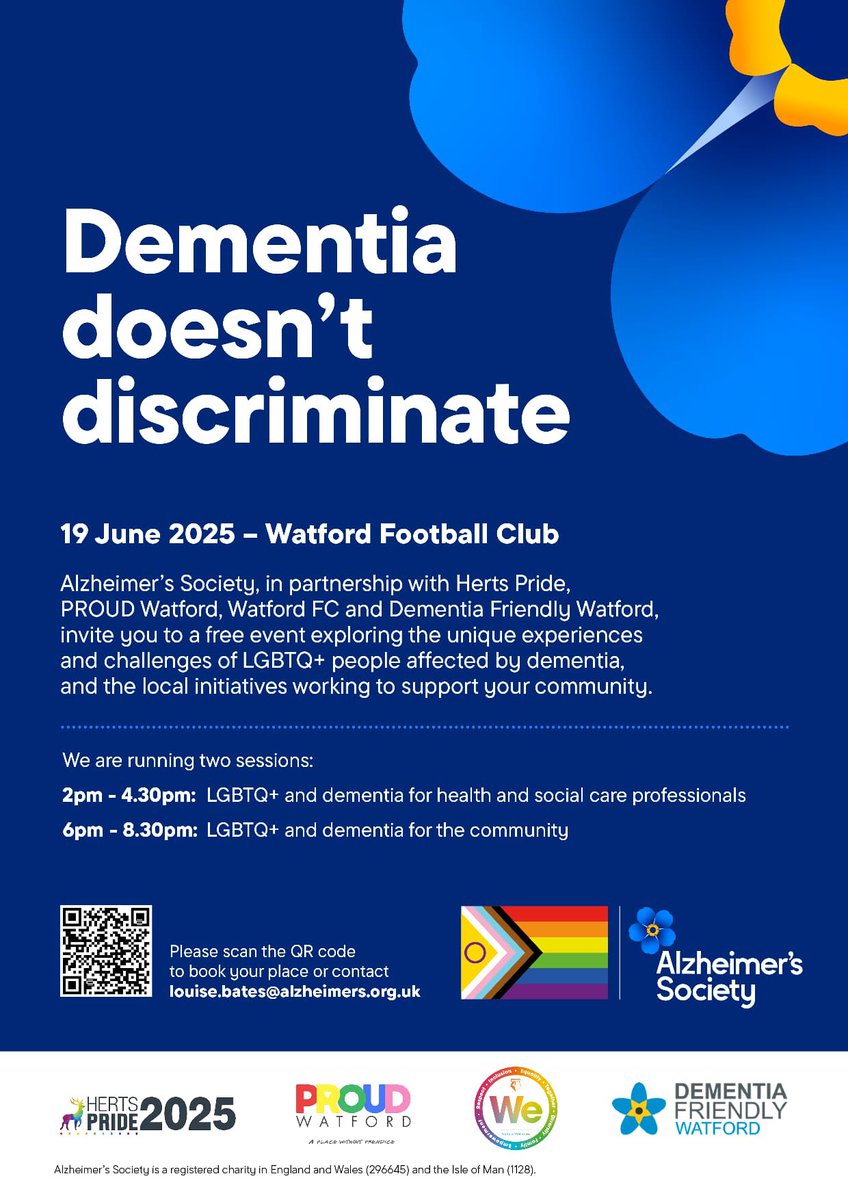 🧠🏳️‍🌈 Dementia doesn’t discriminate.
Join us on 19 June at Watford FC to explore LGBTQ+ experiences of dementia.
📲 Free sessions for professionals &amp; community.
More info: louise.bates@alzheimers.org.uk
#LGBTQ #DementiaAwareness #HertsPride2025 #Watford
