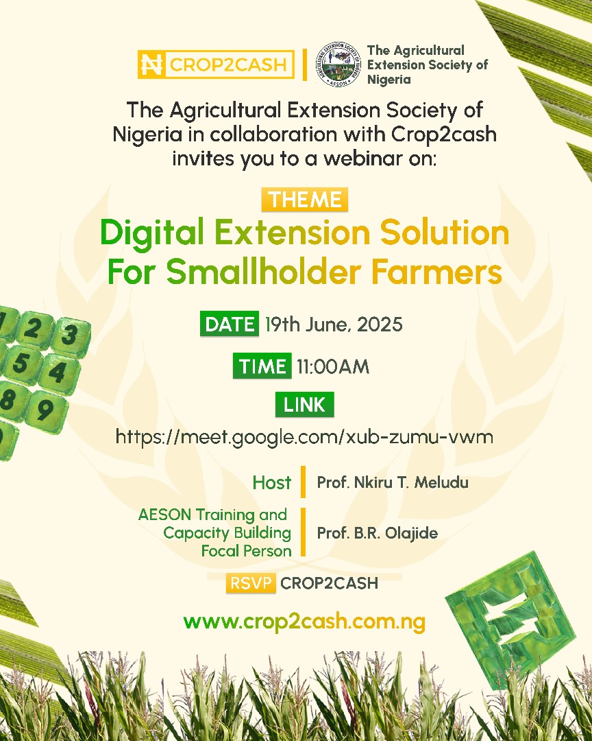 aesonng's tweet photo. Digital Extension Solution For Smallholder Farmers The Agricultural Extension Society of Nigeria in collaboration with Crop2cash
Thursday, 19 June · 11:00am – 1:00pm
Time zone: Africa/Lagos
Google Meet joining info
Video call link: https://t.co/SPUG6tPPQC
Kindly share widely. https://t.co/ltx6QWHh35