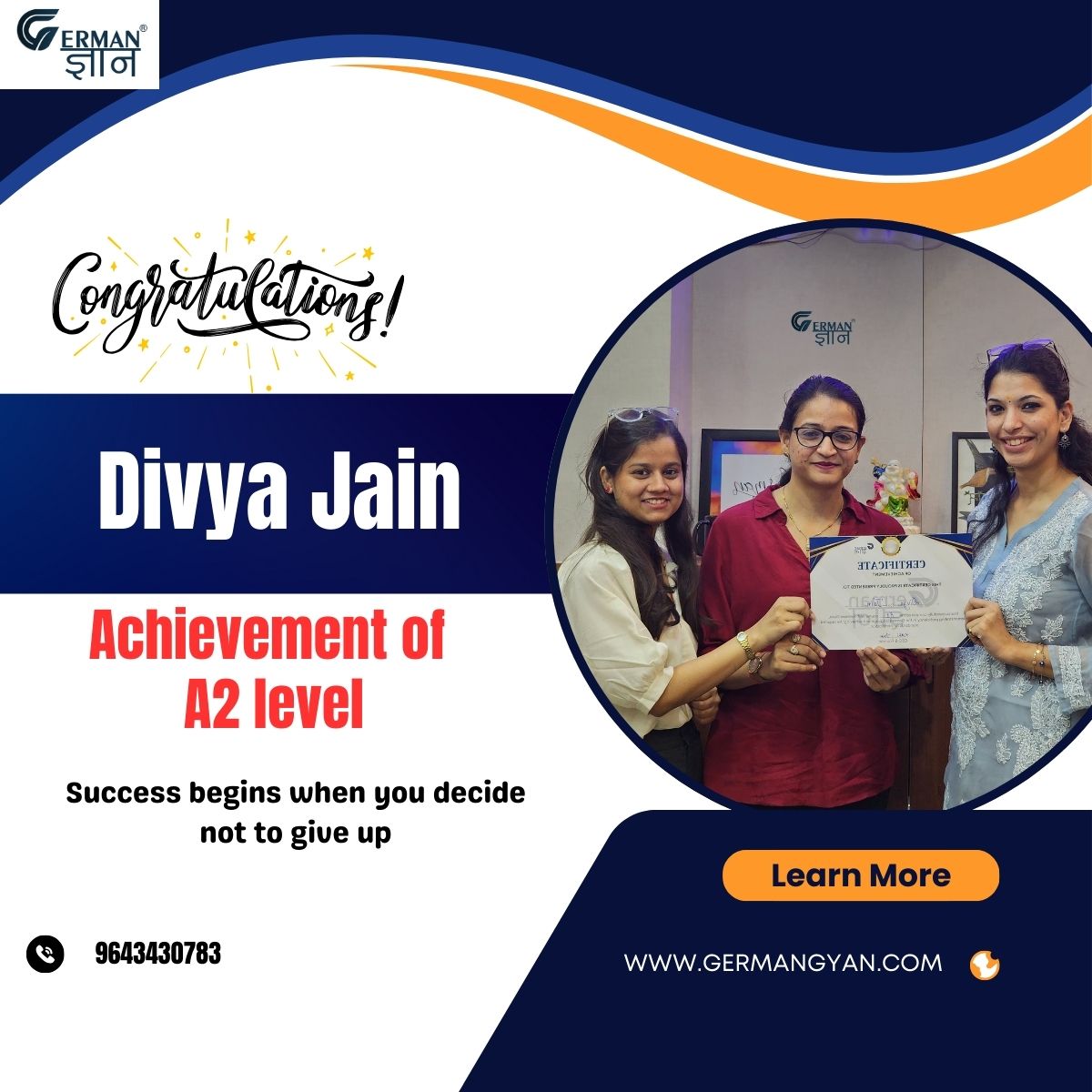 Germangyan04's tweet image. 🎉 Herzlichen Glückwunsch, Divya Jain! 🎉
Your dedication and hard work have paid off — congratulations on successfully achieving the A2 level in German! 🌟

👉 Visit germangyan.com
📞 Call: 9643430783

#GermanGyan #A2LevelAchieved #GermanLanguageSuccess #LearnGerman