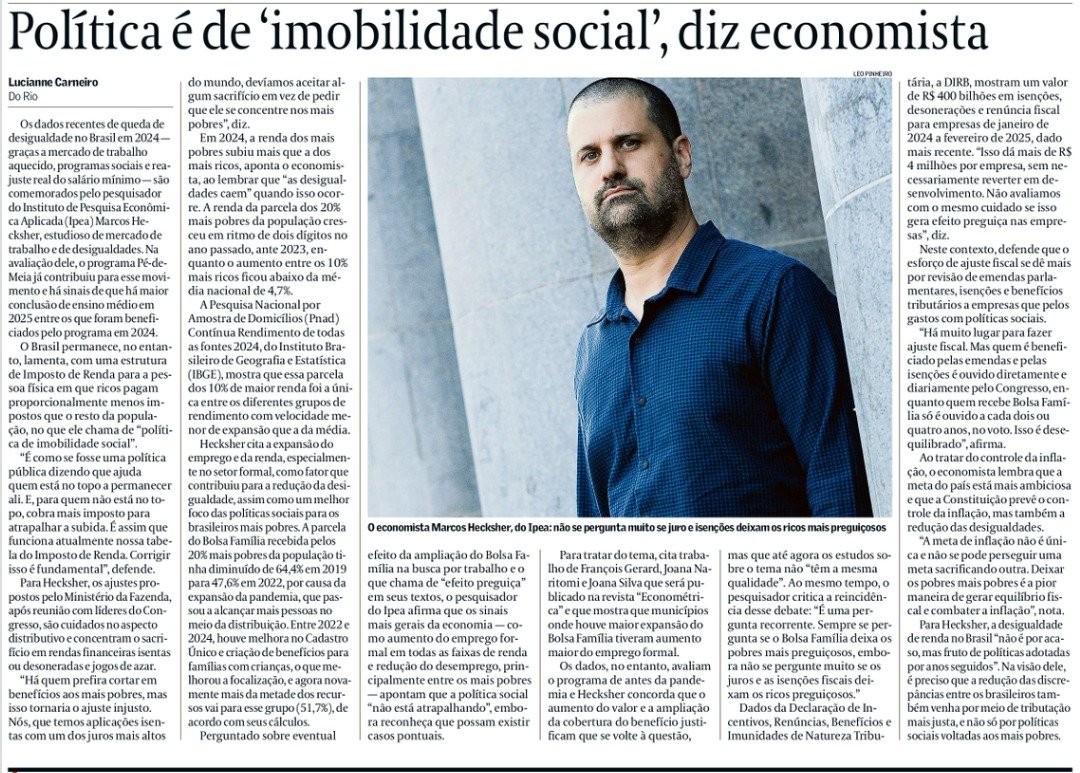 "Sempre se pergunta se o Bolsa Família deixa os pobres mais preguiçosos, embora não se pergunte muito se os juros e as isenções fiscais deixam os ricos preguiçosos."

Marcos Hecksher (IPEA), no Valor Econômico de hoje

valor.globo.com/brasil/noticia…