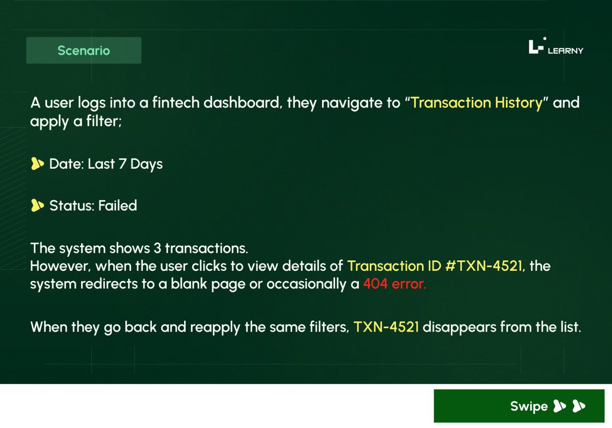 learny_program's tweet image. #BUG OF THE WEEK🐞 — The Vanishing Transaction

Something strange is happening here 👀💥
A transaction shows up, then disappears like it was never there.

What would you check first? 🤔

Swipe through the slides to uncover the Bug of the Week.👇🏾

#LearnyProgram #BugOfTheWeek