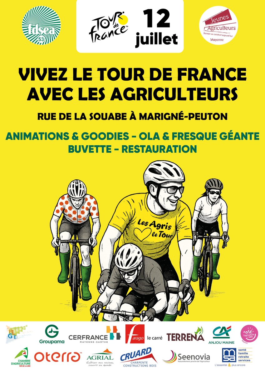 [#Evénement]🎉 J-3⃣0⃣ avant le grand Jour ! <a href="/LeTour/">Tour de France™</a>  🚴‍♂️🚴passe en <a href="/lamayenne/">La Mayenne, le Département</a> et les <a href="/Agri_53/">Agri53</a> sont au rendez-vous ! Samedi 1⃣2⃣/7⃣, à Marigné-Peuton, <a href="/fdsea53/">FDSEA53</a> <a href="/JEUNESAGRI53/">JAMAYENNE</a> vous donnent rdv sous le signe de l’agriculture et du terroir. Envie de participer ?➡️☎️ 0243673668. <a href="/FNSEA/">La FNSEA</a>