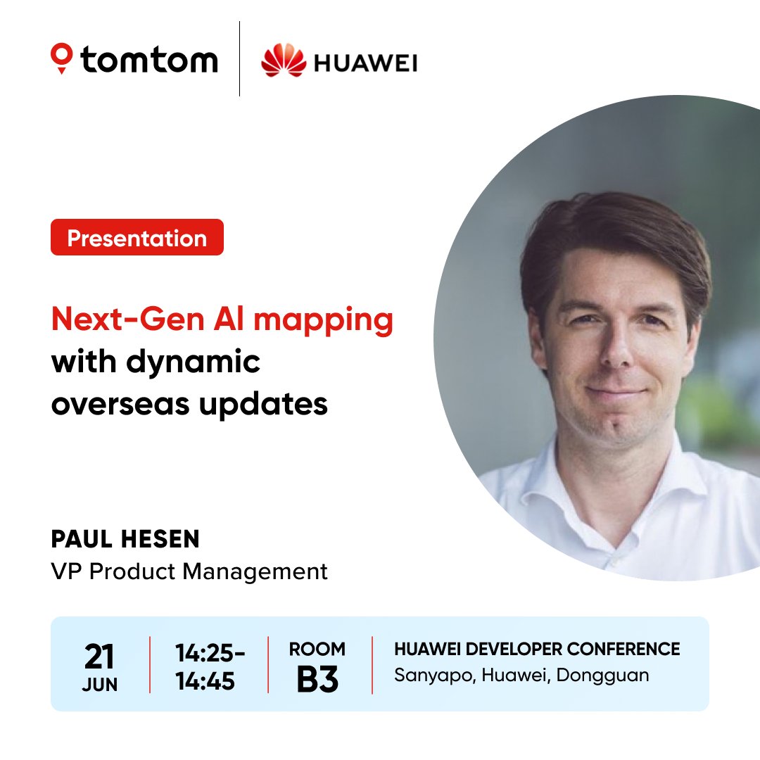 Who’s joining us at the <a href="/Huawei/">Huawei</a> Developer Conference 2025? We’ll be on site, presenting TomTom’s next-gen AI mapping during the forum on the globalization of intelligent cockpits — zooming in on Huawei’s HMS for Car. Learn more: bit.ly/4l9NMSx