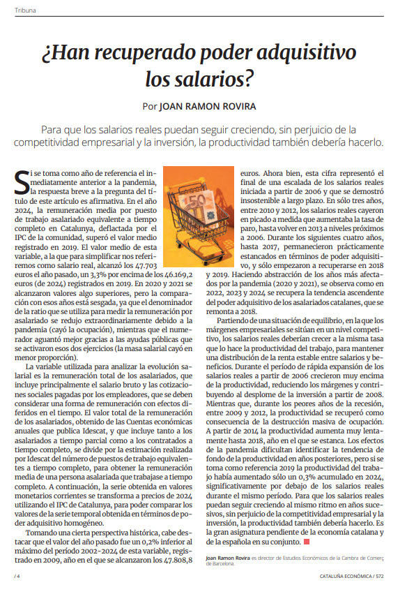 El salari real mitjà el 2024 ha superat el nivell anterior a la pandèmia, però la productivitat en canvi s'ha estancat. Un desajust que pot afectar la competitivitat.

🗞️En parla Joan R. Rovira, cap d'#EstudisCambra, en un article publicat a <a href="/cat_economica/">Cataluña Económica</a>!