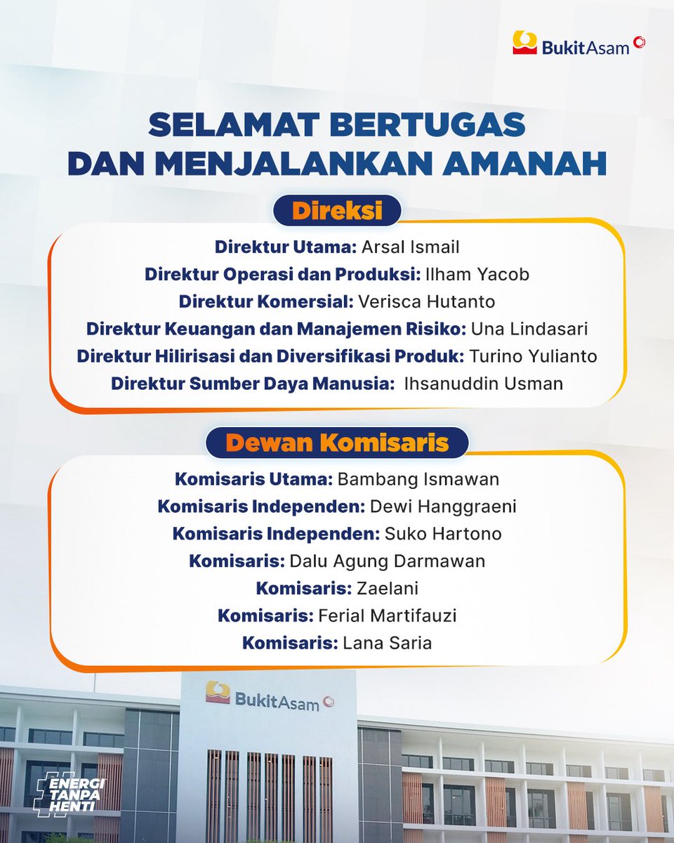 Bukit Asam mengucapkan selamat dan sukses kepada jajaran Komisaris dan Direksi yang baru.

Semoga dapat menjalankan amanah dengan baik dalam memberikan energi tanpa henti untuk negeri.

#BukitAsam #EnergiTanpaHenti