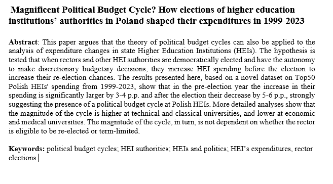 l_olejnik's tweet photo. In my latest paper, I apply the theory of the political budget cycle can also be applied to rector elections at HEI in Poland. The results show that in Polish HEIs, the growth rate of expenditures grow by 3–4 pp in pre-election year and drops by 5–6 pp during the election year. https://t.co/Pq8YZSktWw