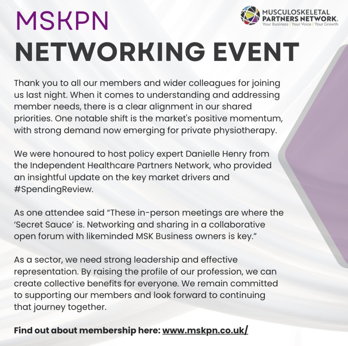 MSKPN Networking event  

Thank you to all our members and wider colleagues for joining us last night.

Find out about membership here: mskpn.co.uk  

#MSK