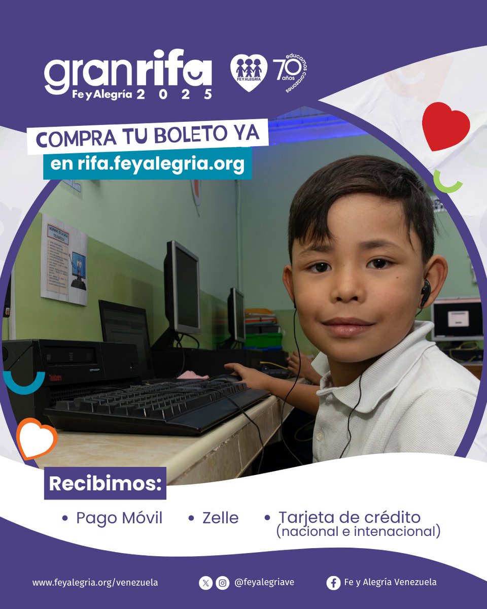 #13Jun  ¡La Gran Rifa Fe y Alegría está en su fase final! Apoya a más de 100 mil estudiantes para que tengan acceso a una educación de calidad. Adquiere tu boleto en rifa.feyalegria.org y haz tu aporte hoy. ¡Con buena educación #GanaVenezuela! El sorteo es el 19 de junio.