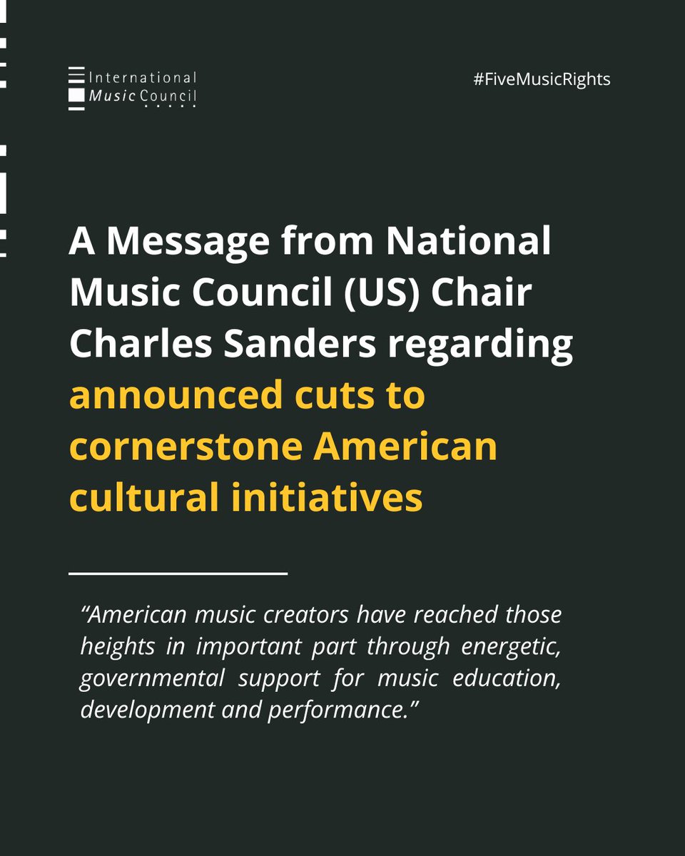 The IMC joins the National Music Council of the U.S in expressing deep concern over proposed cuts to U.S. music &amp; arts funding. 

Read here: bit.ly/45ECvoD
#FiveMusicRighs