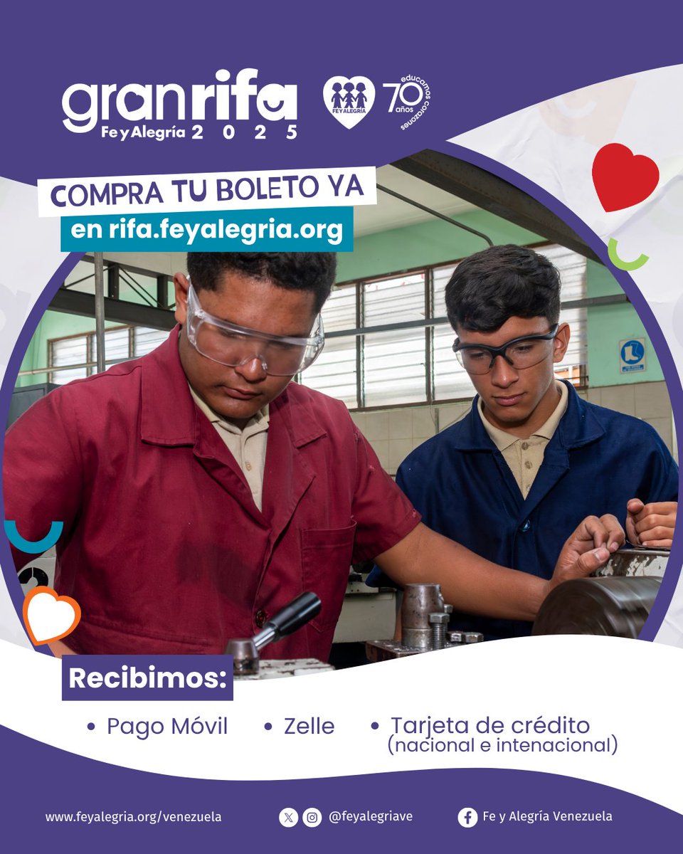 ¡Estamos en la recta final de la Gran Rifa 2025! Los estudiantes de Fe y Alegría requieren de tu apoyo. ¡Compra tu boleto en rifa.feyalegria.org y sé parte de esta campaña! Que con tu participación #GanaVenezuela #13Jun El sorteo es el 19 de junio.