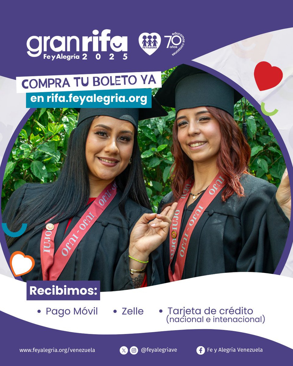 #13Jun Hace 70 años, dos voluntarias donaron sus zarcillos para hacer la primera rifa. Hoy, tu
colaboración en rifa.feyalegria.org nos ayuda a fortalecer la educación y a transformar vidas en
350 centros educativos. #GanaVenezuela El sorteo es el 19 de junio.
